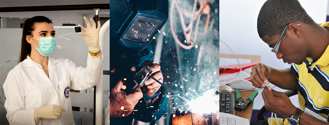 Collage of a welder, medical assistant, and computer technician